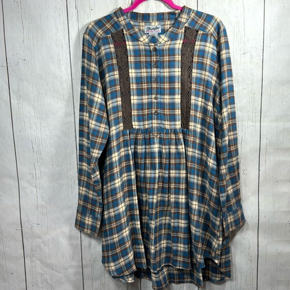 Wrangler Plaid Flannel Tunic Top Lace Detail Size L Western Cottagecore Rodeo
